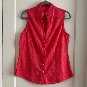 Sleeveless Cotton Eyelet Button Down Top Blouse Shirt in Coral